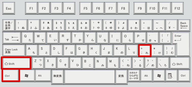 キーボード上の「Ctrl」キー、「Shift」キー、「;」キーの位置