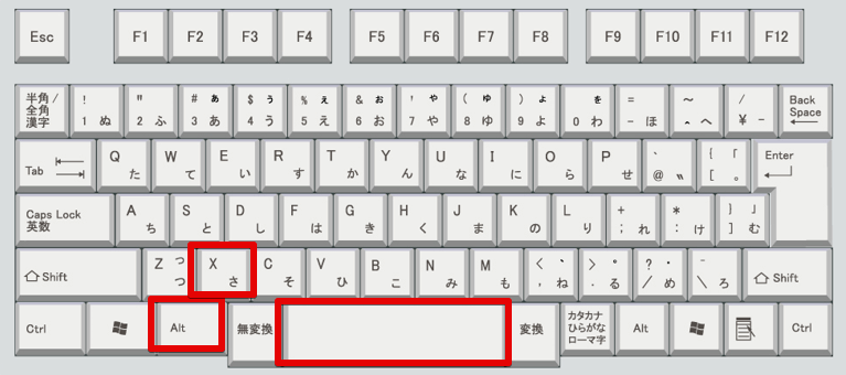 キーボード上のAltキー、スペースキー、Xキーの位置
