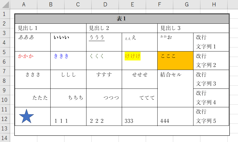 画像モードでエクセルファイルに出力された表の例