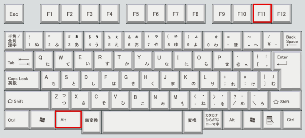 キーボード上の「Alt」キーと「F11」キーの位置