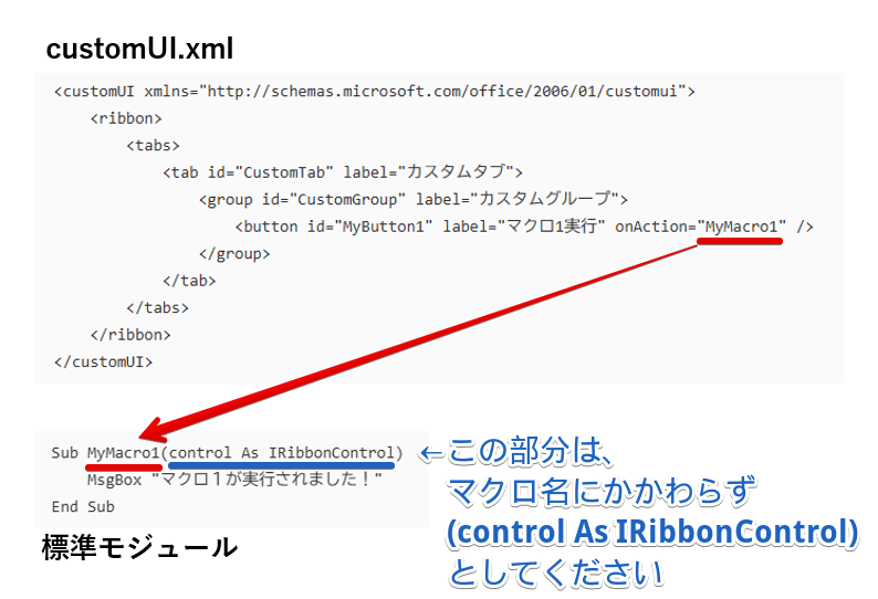 customUI.xml中のマクロ名と、標準モジュール中のマクロ名との対応関係