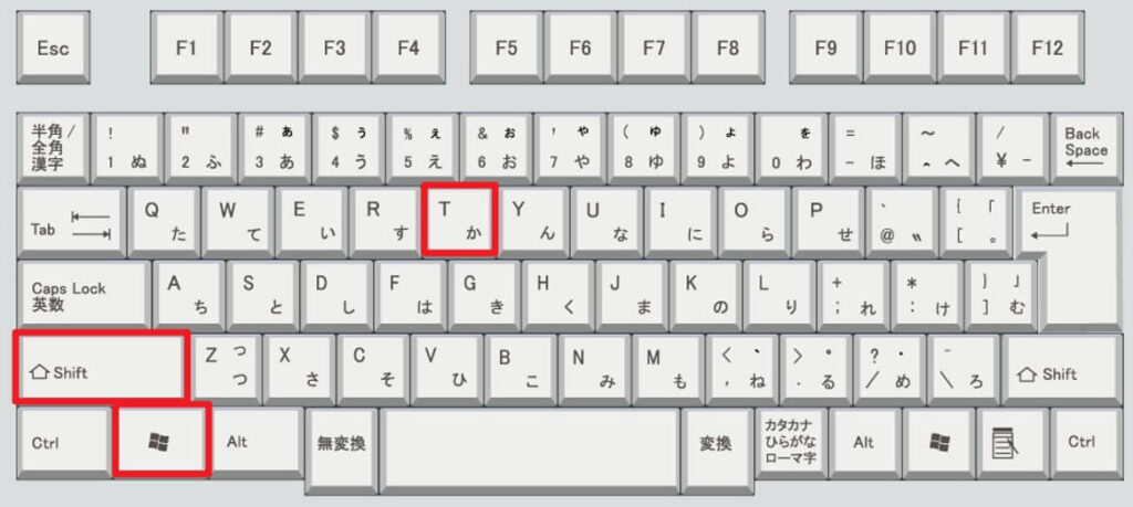 キーボード上の「Win」キー、「Shift」キー、「T」キーの位置