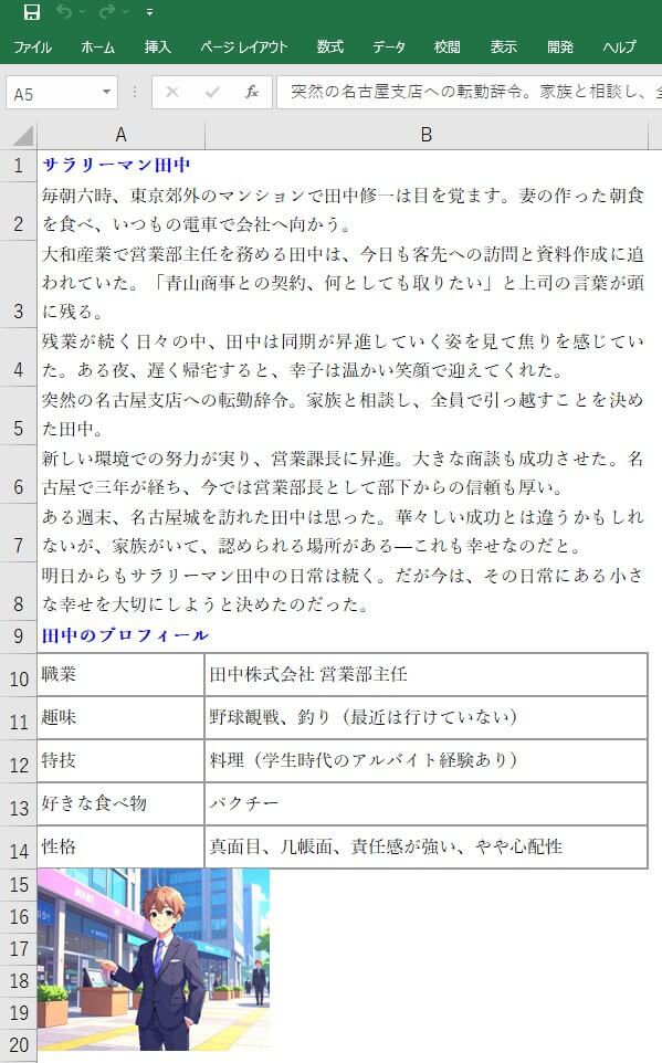 ワードから変換したエクセルファイルの例