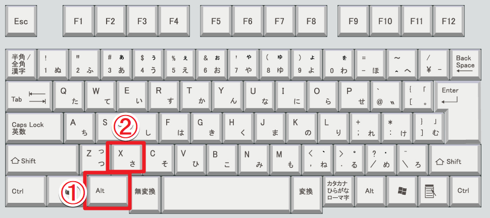 キーボード上の「Alt」キーと「X」キーの位置