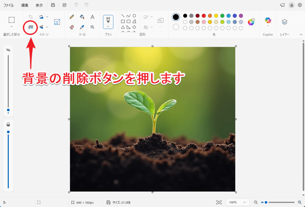 ペイントの背景の削除ボタンの位置